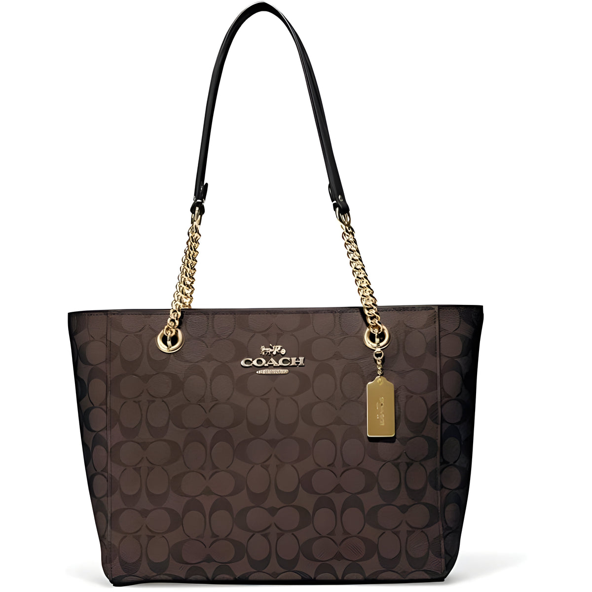 Coach Signature Leather Chain Cammie Tote Small Bag - Brown Black