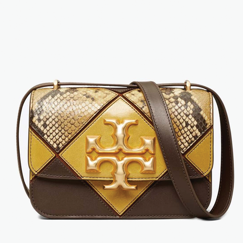 Tory Burch Eleanor Exotic Diamond Quilt Small Convertible Shoulder Bag Chocolate Liquor / Beeswax